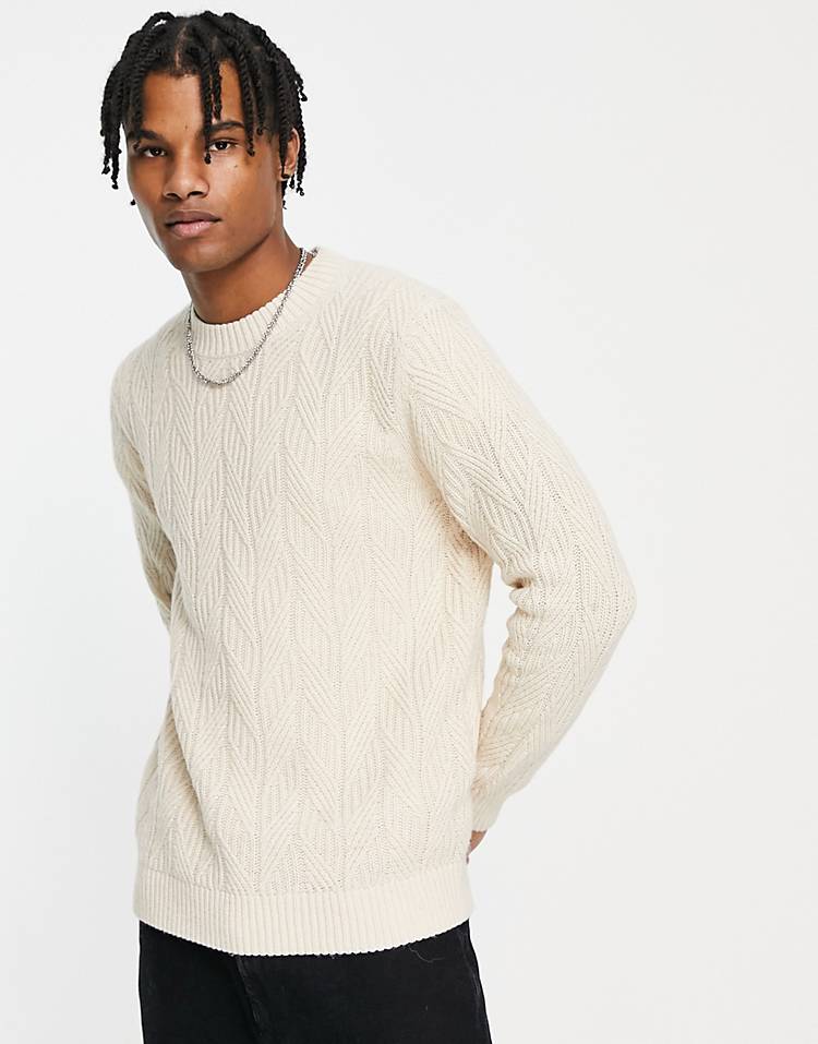 Selected Homme oversized cable knit sweater in beige
